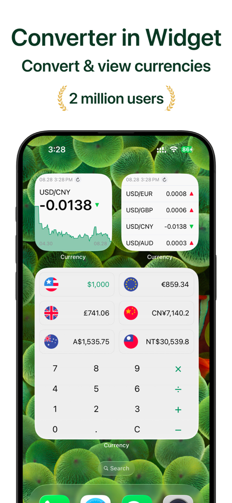 Currency - batch converter - iPhone screen displaying currency converter widgets with exchange rate charts and a multi-currency calculator