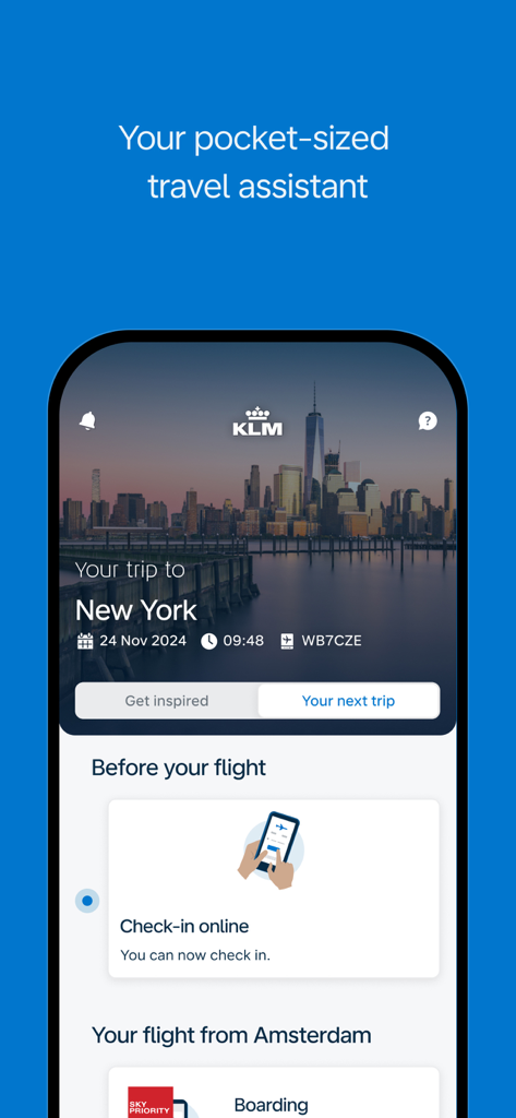 Interfaz de la app KLM que muestra un panel de viaje a Nueva York con una función de check-in en línea