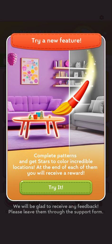 Craft Cross Stitch: Pixel Art - A promotional screen for the Meta Room feature where players use earned stars to decorate and color virtual rooms.