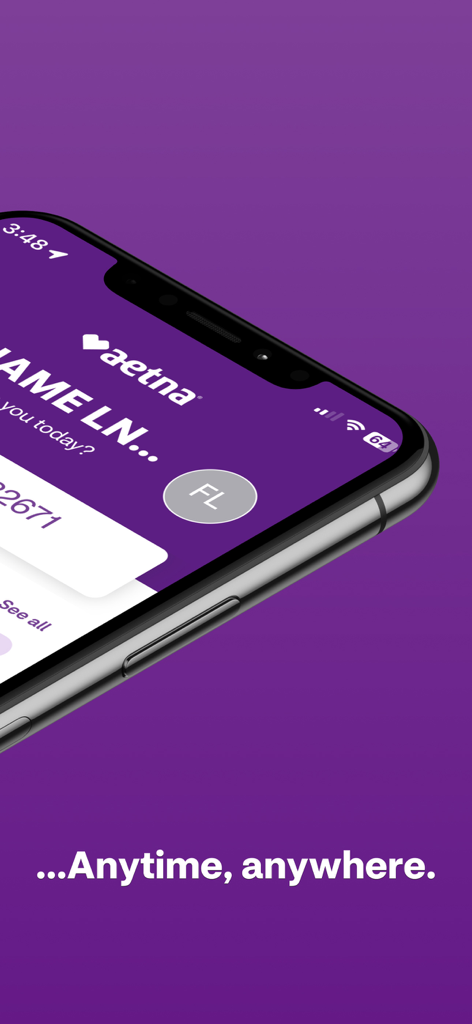 A close-up view of the Aetna International mobile app home screen on a smartphone against a purple background with the slogan anytime anywhere