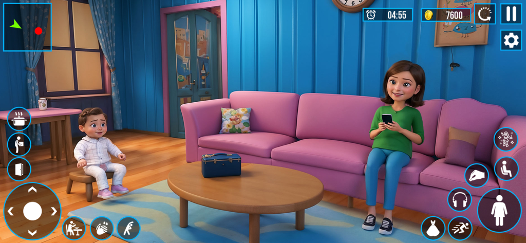 Mother Life Simulator Mom Game - Una captura de pantalla de Mother Life Simulator que muestra a un personaje de mamá sentada en un sofá rosa y a un bebé sentado en la sala de estar