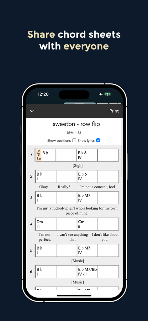 Chord ai - Play any song! - Chord ai app interface showing a digital chord sheet with lyrics and musical notation