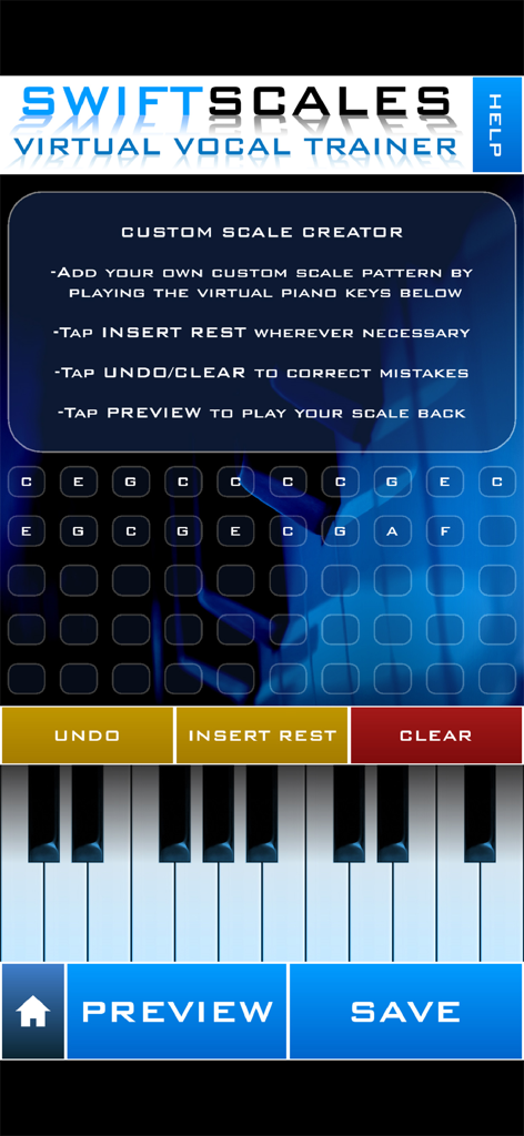 SWIFTSCALES Vocal Trainer - Custom scale creator interface in the SWIFTSCALES Vocal Trainer app with virtual piano keyboard and note selection grid