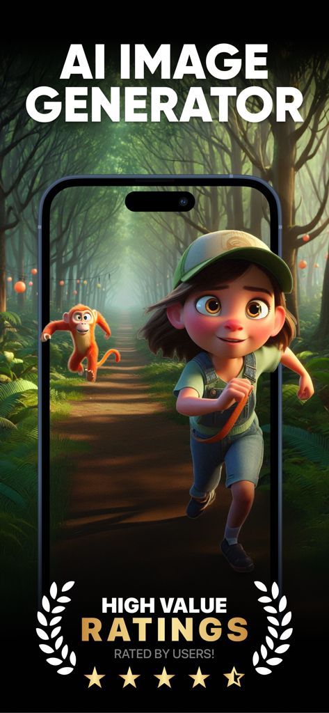 AI Art Image Generator LUX - AI Art Image Generator LUX app screen showing high user ratings and a 3D animated character in a forest setting