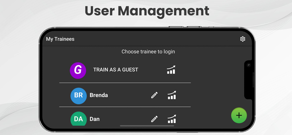BoBo Pro 2.0 - User management screen in the BoBo Pro 2.0 app showing a list of patient trainees for physical therapy tracking
