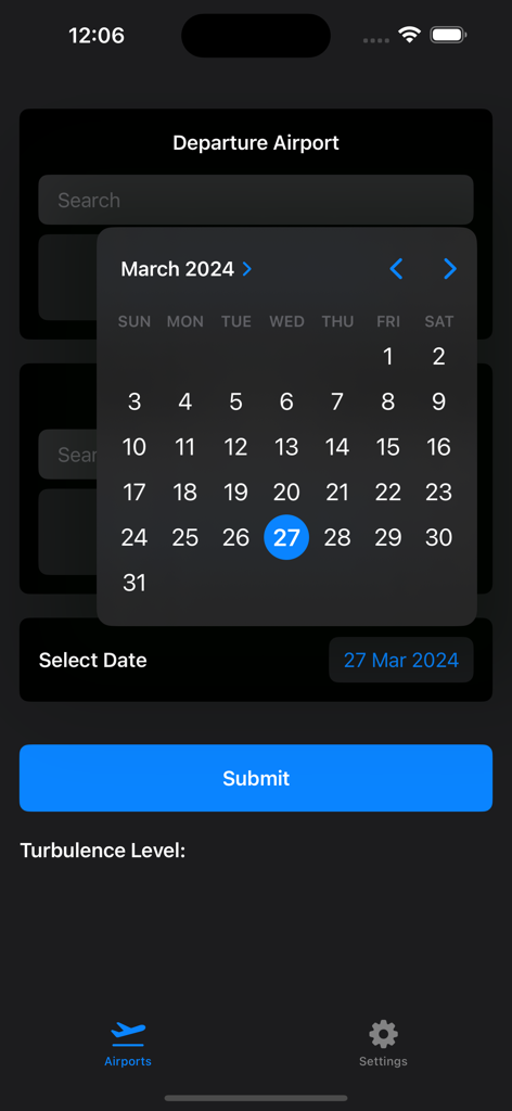 FlyWithoutFear - Captura de pantalla de la aplicación FlyWithoutFear que muestra la interfaz de selección de fecha de vuelo con vista de calendario.