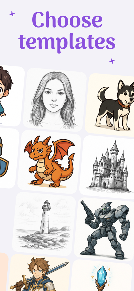 AR Drawing Sketch: Draw, Trace - Una variedad de plantillas de dibujo en la aplicación que incluyen un retrato, un dragón, un robot y un castillo.