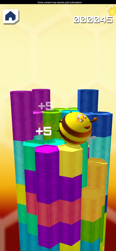 Budge GameTime - Un personaje de abeja dando saltos sobre pilares hexagonales coloridos en un mini-juego de Budge GameTime.