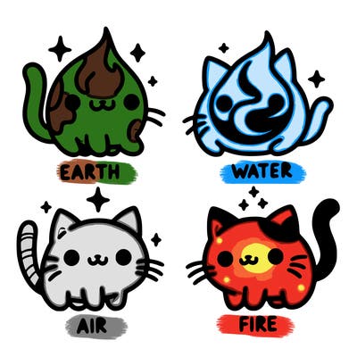 4 cats that represent the different elements, earth, water, air, and fire