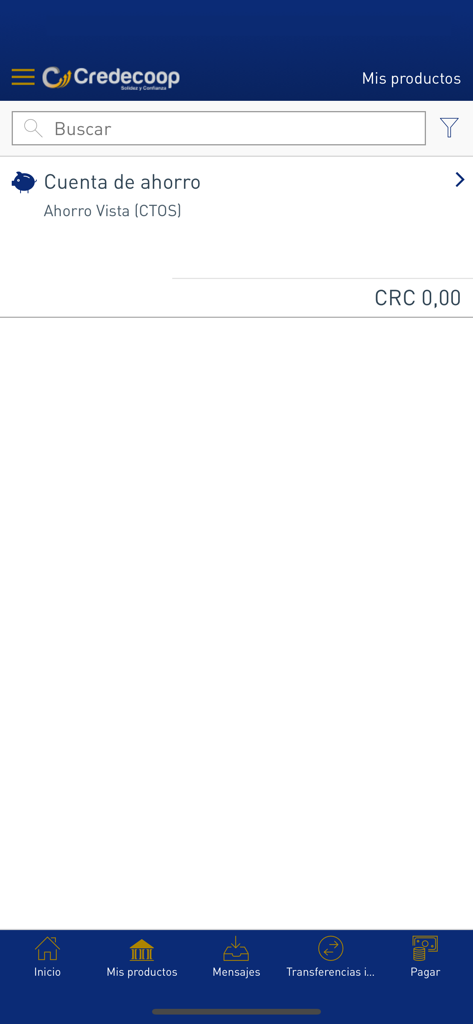 Credecoop en Línea - Interfaz de la aplicación móvil Credecoop que muestra el saldo de la cuenta de ahorros y las opciones de menú