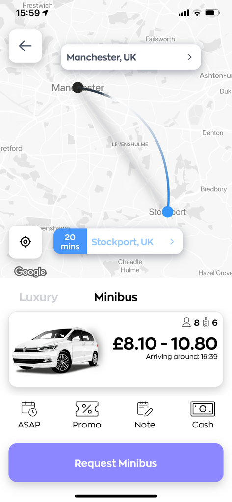 All The Fours - All The Fours app interface for booking a minibus with price estimate and cash payment option