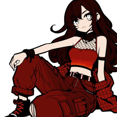 anime girl with a crop top and ripped jeans