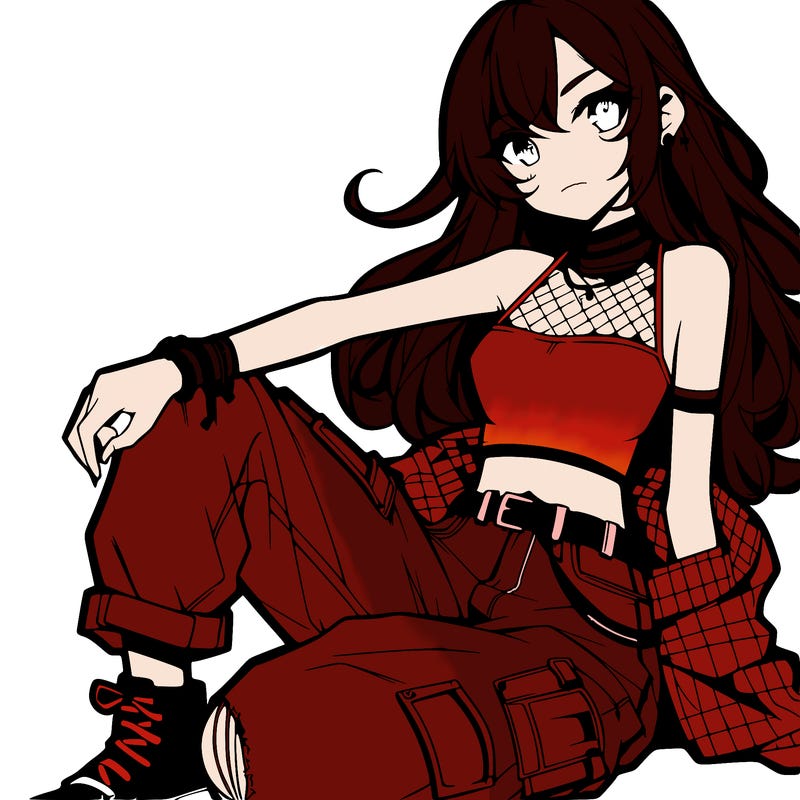 anime girl with a crop top and ripped jeans