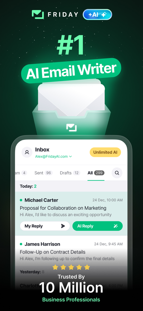 Friday AI Email Writer - Friday AI Email Writer app inbox screen showing AI reply features for business professionals