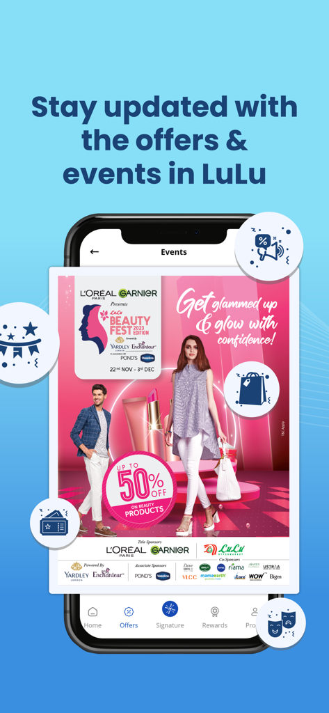 LuLu Happiness - LuLu Happiness mobile app showing upcoming events and shopping offers for beauty products