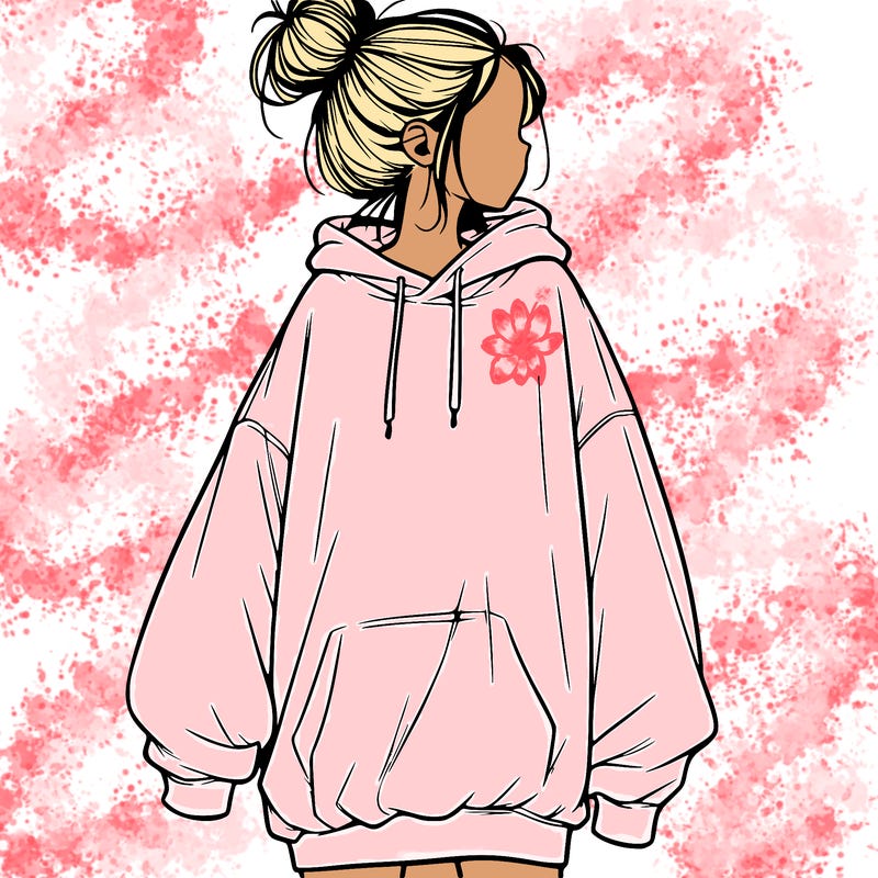 realistic girl with a oversized sweatshirt on and a bun