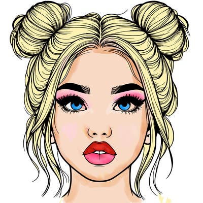 realistic girl with two buns on her hair and lips