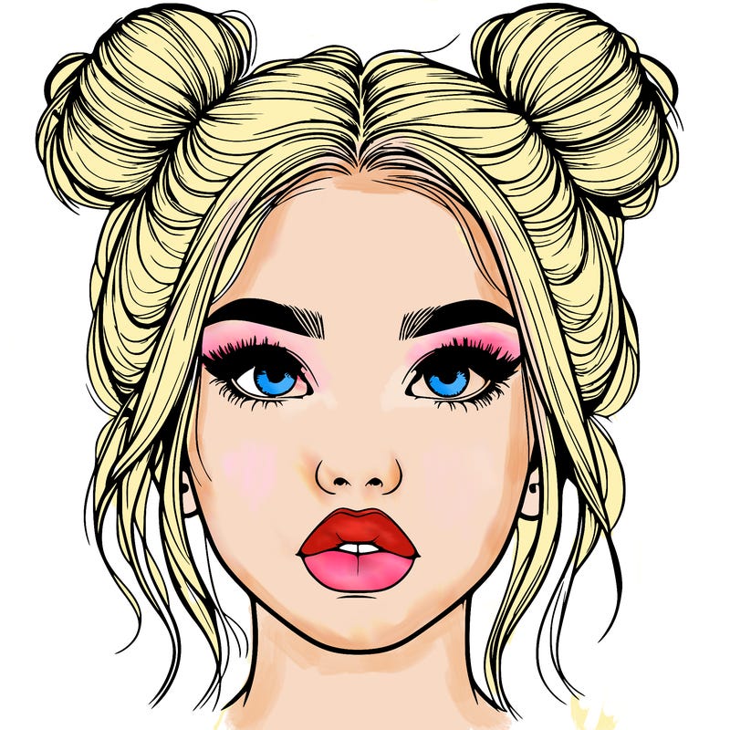 realistic girl with two buns on her hair and lips