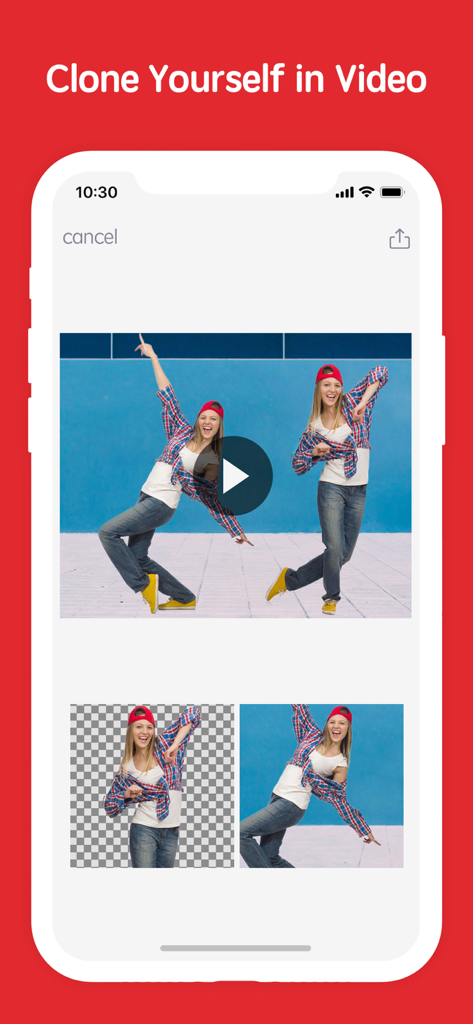 Erase&Change Video Background - Interfaz de aplicación móvil que muestra a una persona clonada en un video utilizando tecnología de eliminación de fondo