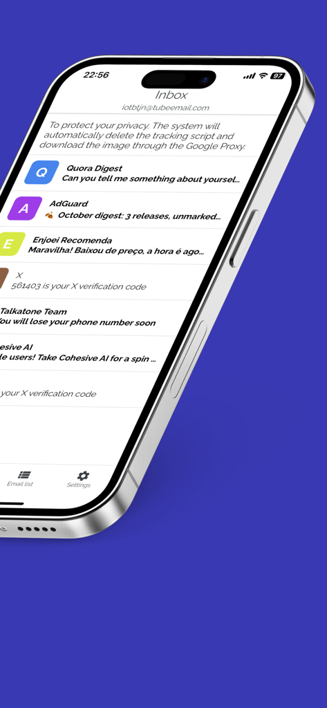 Écran de la boîte de réception de l'application Temp Mail montrant divers e-mails reçus et un avis de protection de la vie privée