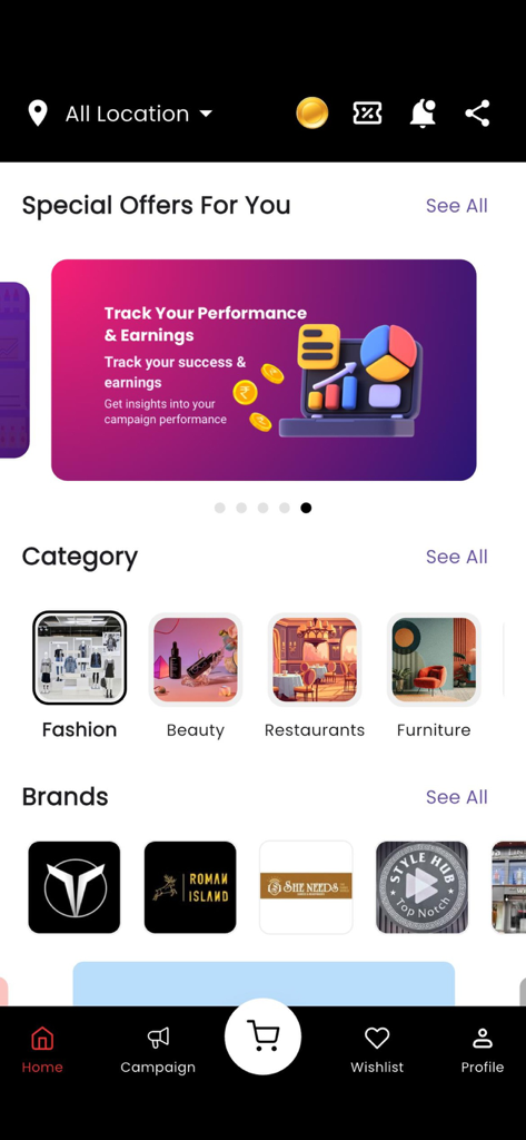 Brandwave.ai - Brandwave.ai mobile app home screen showing shopping categories and micro influencer campaign tracking