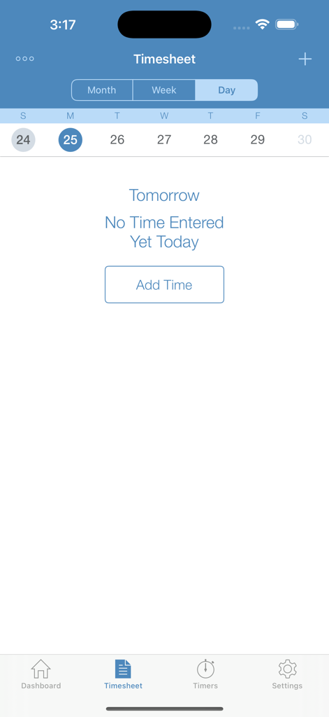 Intapp Time mobile app showing the empty timesheet screen with an Add Time button for legal billing.