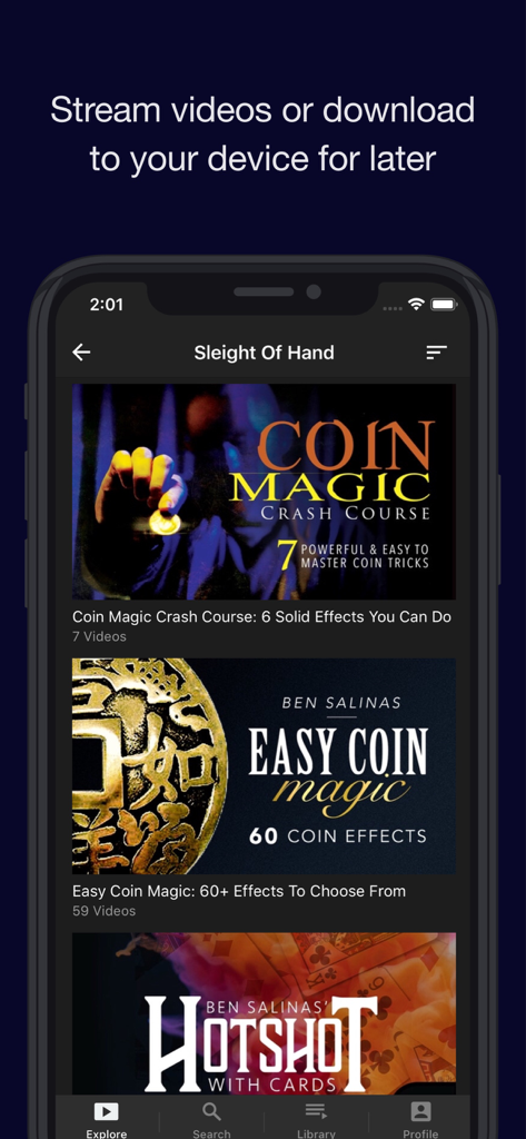 Master Magic Tricks - Una interfaz móvil para la aplicación Master Magic Tricks que muestra tutoriales en video de magia con monedas y juego de manos con cartas