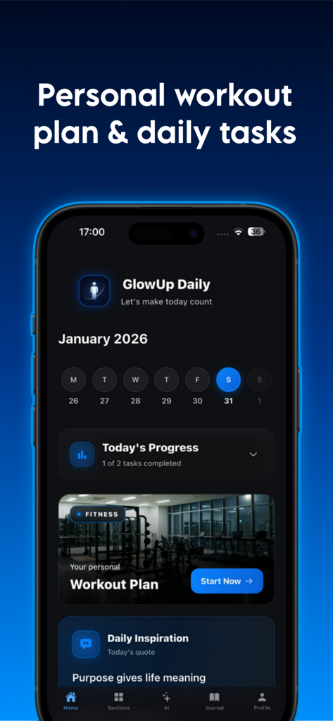 GlowUp Daily: Improve Yourself - Pantalla de inicio de la aplicación GlowUp Daily mostrando un plan de entrenamiento personal, un rastreador de progreso diario y una cita inspiradora