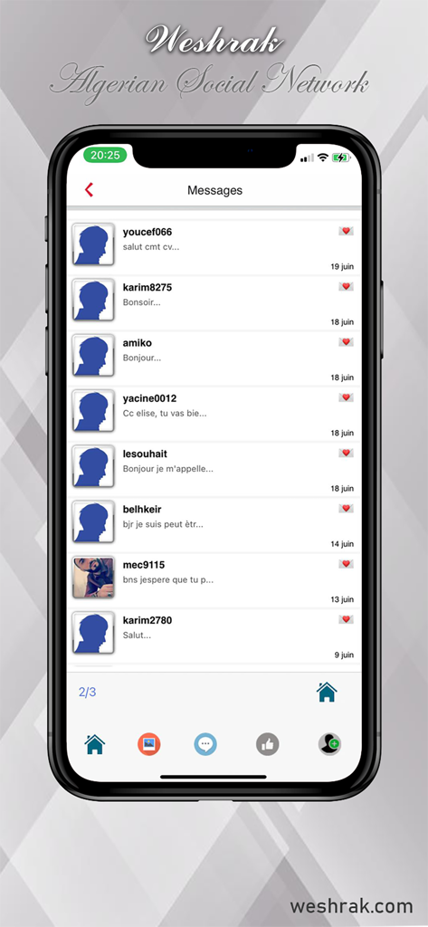 Weshrak - Algerian Network - Interface de l'application Weshrak montrant une liste de messages de chat privés entre les utilisateurs du réseau social algérien.