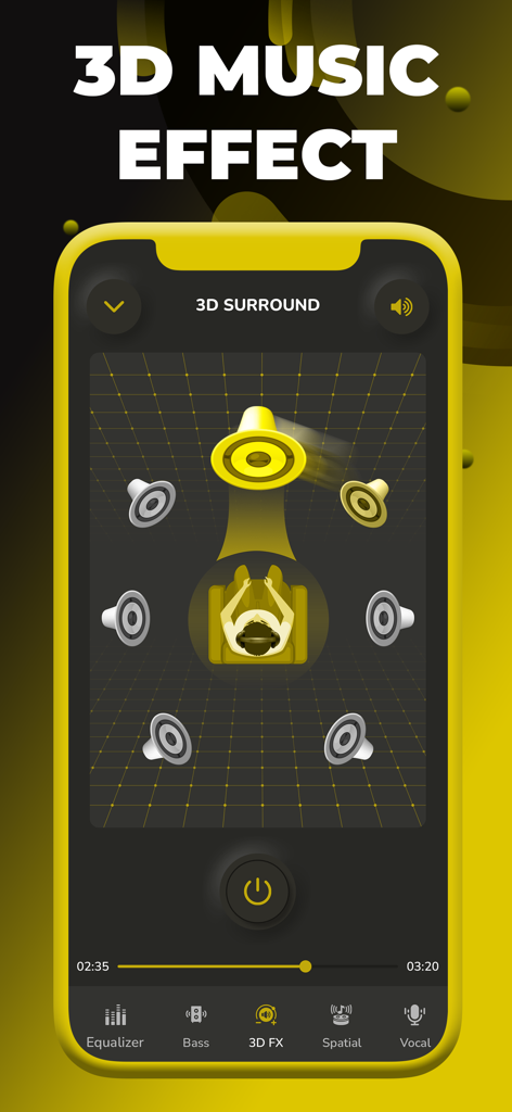 Volume Booster app screen showing 3D surround sound and 8D music effect settings