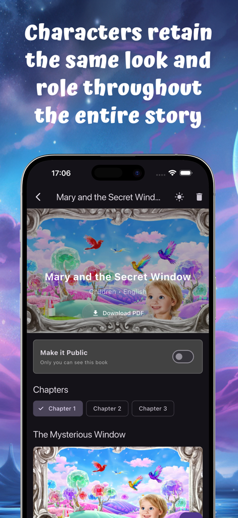 AI Book Generator - Interface of the AI Book Generator app showing a story with consistent character illustrations and a PDF download option.