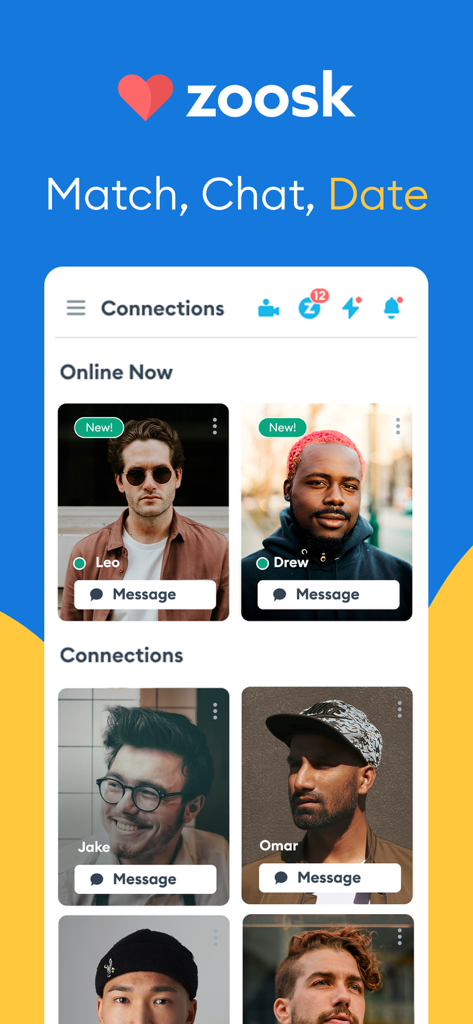 Zoosk mobile app interface showing various user profiles under online now and connections sections
