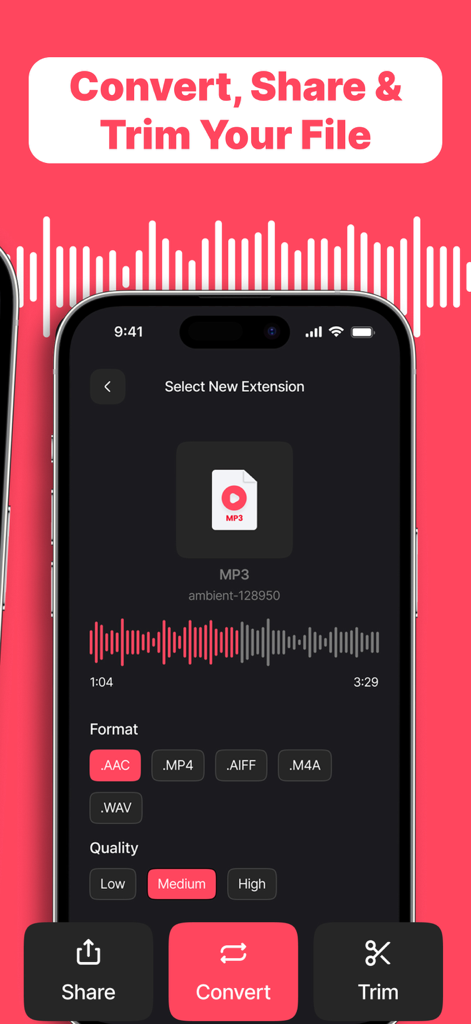 Media Converter - MP4 to MP3 - Interfaz de la aplicación Media Converter para convertir, recortar y compartir archivos de audio en un iPhone