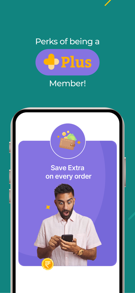 PharmEasy Plus membership perks showing extra savings on every order.