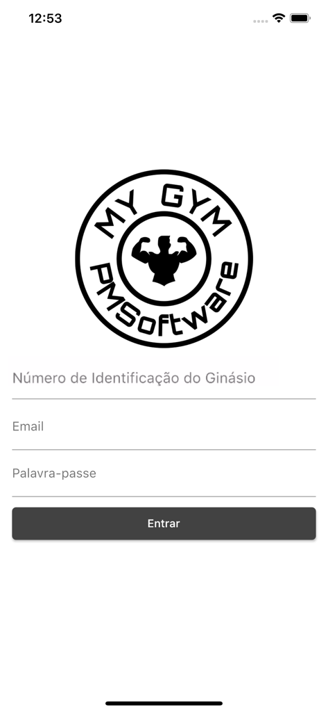 My Gym 앱 로그인 페이지, 헬스장 ID, 이메일 및 비밀번호 입력란, 근육질 실루엣 로고 포함