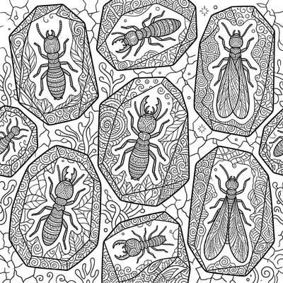 Step into a world where ancient fossils meet modern artistry with this unique Zentangle Amber Termites coloring page. Explore the intricate details of fossilized insects suspended in amber, all brought to life with complex, meditative patterns.