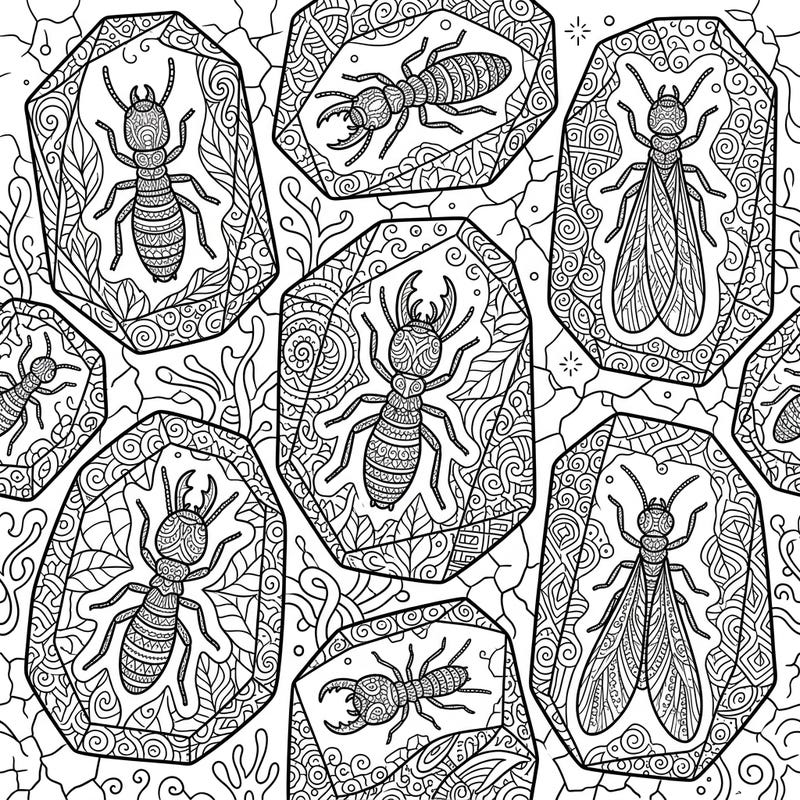 Step into a world where ancient fossils meet modern artistry with this unique Zentangle Amber Termites coloring page. Explore the intricate details of fossilized insects suspended in amber, all brought to life with complex, meditative patterns.