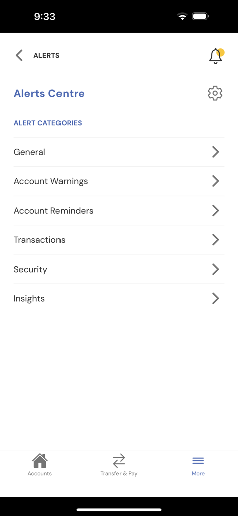 JPCCU iLink - JPCCU iLink app Alerts Centre showing notification categories for security and transactions