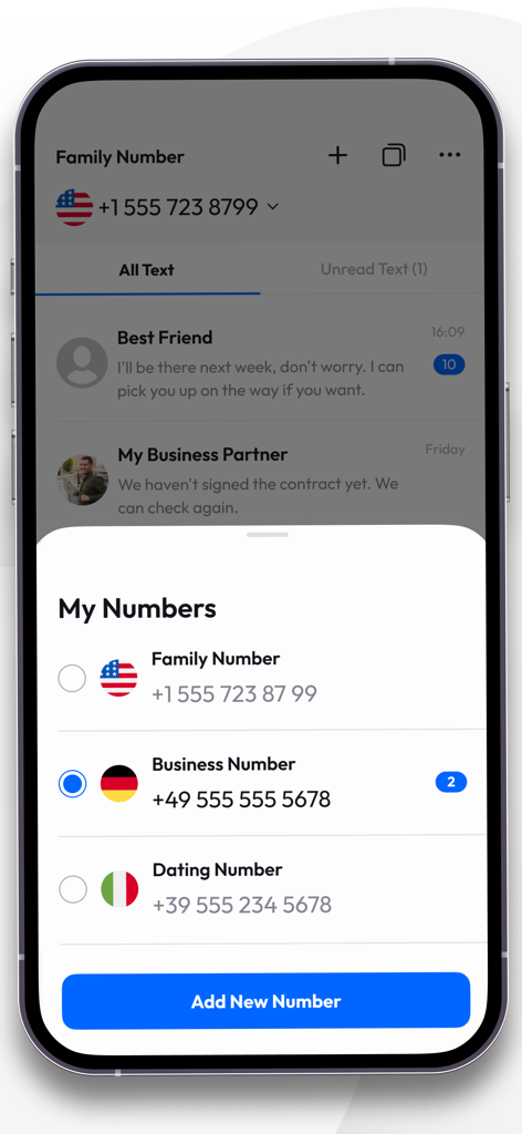 Interfaccia di un'app per la gestione di numeri di telefono multipli per uso aziendale e personale.