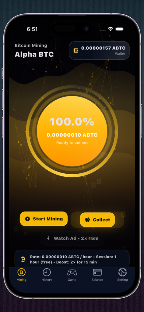Bitcoin Mining - Alpha BTC - Alpha BTC Mobile App-Oberfläche zeigt eine abgeschlossene Bitcoin-Mining-Sitzung mit 100 Prozent Fortschritt und einer Schaltfläche zum Sammeln.