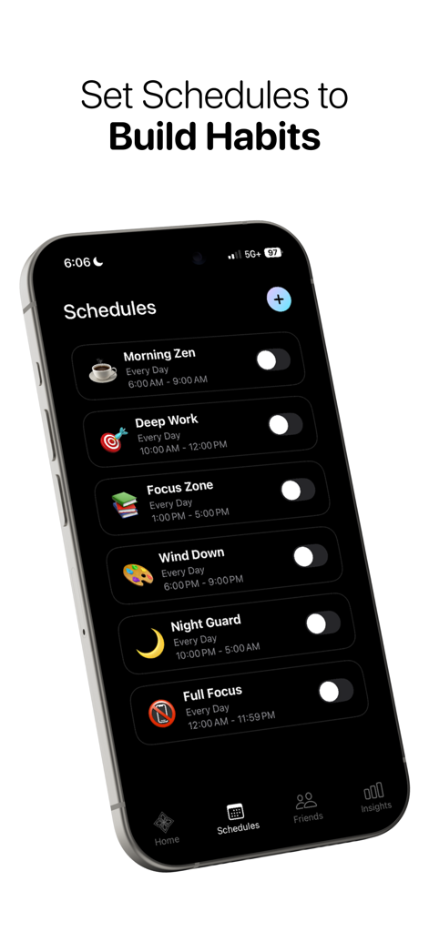 Bloom - Conquer Screen Time - Bloom app interface showing a list of daily productivity schedules to build focus habits