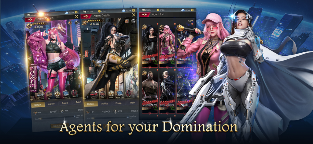 Legend City - A game screen from Legend City showcasing various female agent characters with their stats and the text Agents for your Domination.