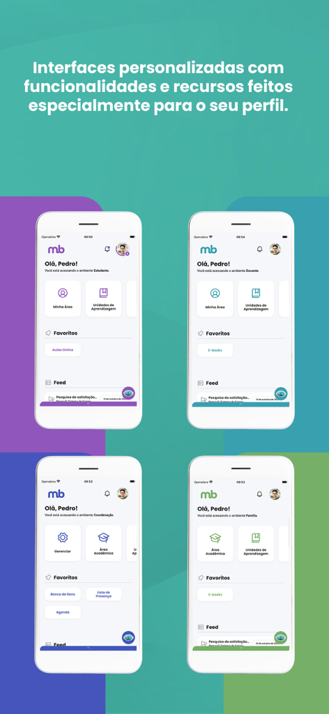 Meu Bernoulli 4.0 - Four mobile screens from Meu Bernoulli 4.0 showing different interfaces for students, teachers, coordinators, and families.