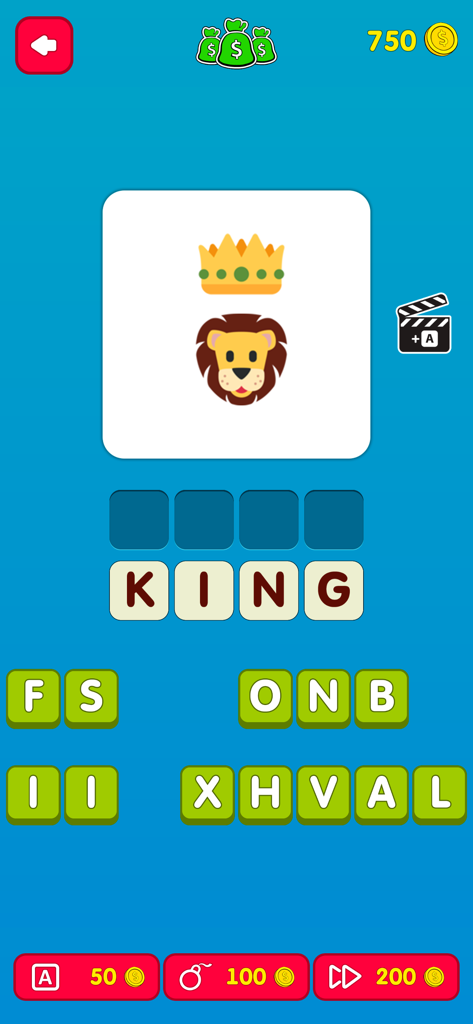 Un livello nell'app Indovina gli Emoji. Film che mostra emoji di corona e leone che rappresentano il film Il Re Leone.