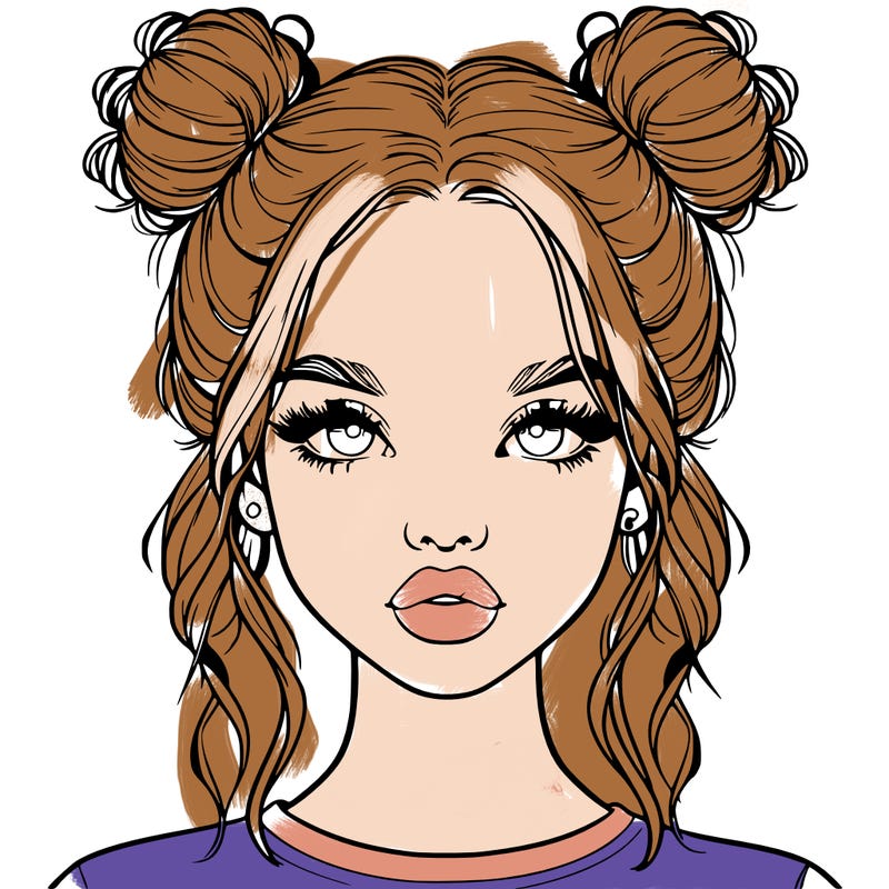 realistic girl with two buns in hair and lips