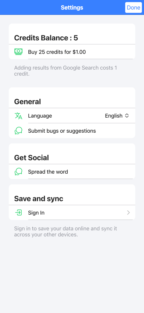 Route-Finder app settings screen showing credit balance and sync options
