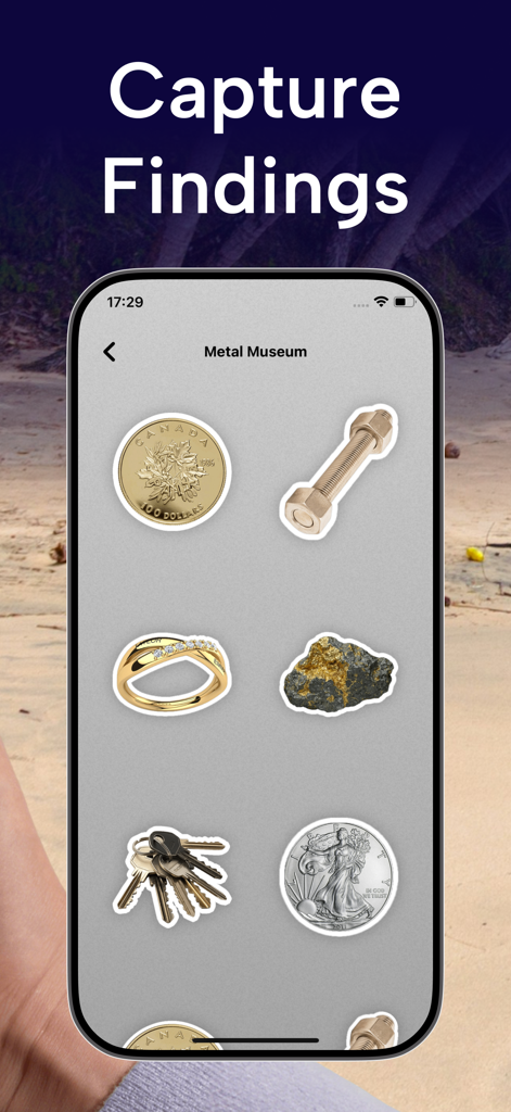 Metal Detector: EMF Finder - コイン、リング、鍵などの発見されたアイテムのコレクションを示すメタルミュージアム機能のiPhone画面