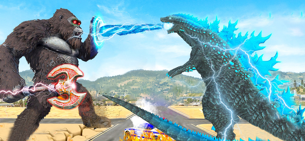 Gorila gigante con un hacha brillante luchando contra un monstruo lagarto gigante en una batalla épica