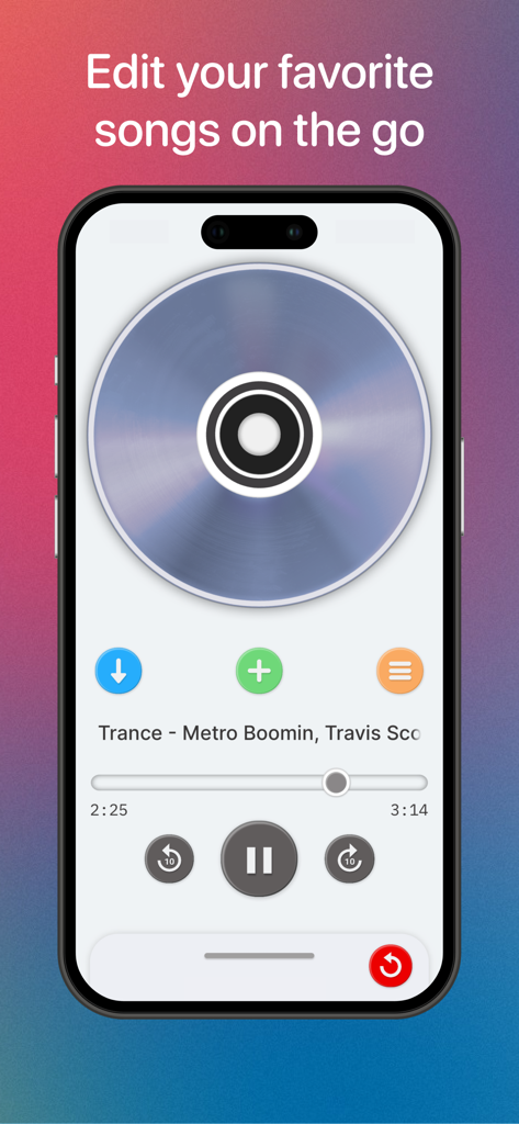 Alinea Music - Interfaz de la aplicación Alinea Music en la pantalla de un smartphone mostrando un CD giratorio y controles de edición de audio