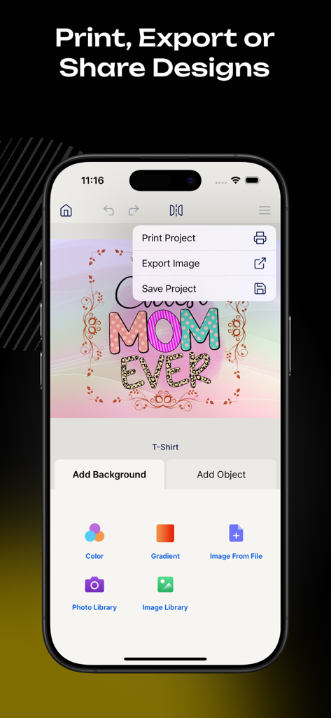 SubPrinta - Sublimation Design - Una interfaz móvil para la aplicación SubPrinta que muestra opciones para imprimir, exportar o guardar un diseño de camiseta personalizado.